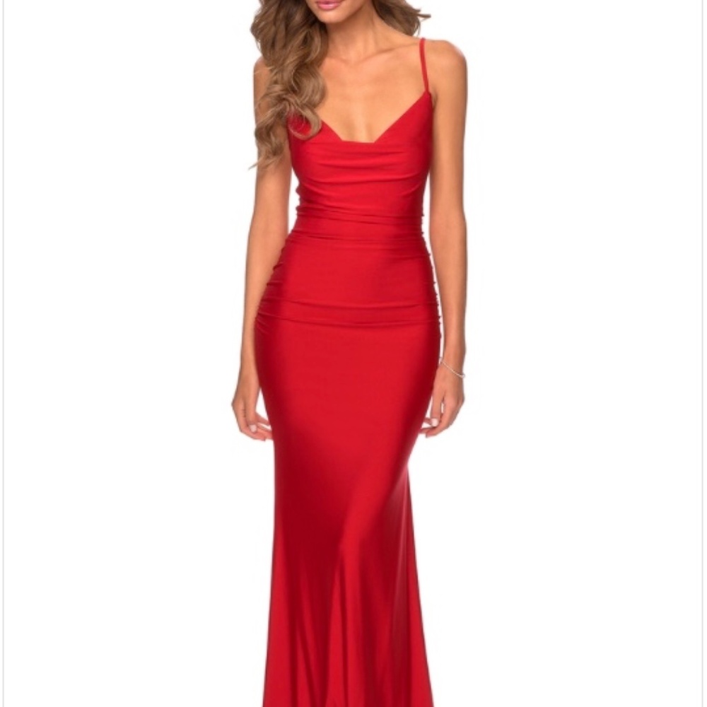 La Femme Tie Back Jersey Sheath Gown - Red